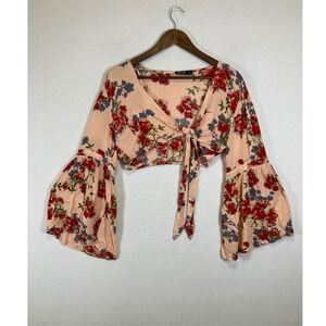 Boho Whimsical Floral Nasty Gal Women 4 Peach Red Bell Sleeve Tie Front Crop Top